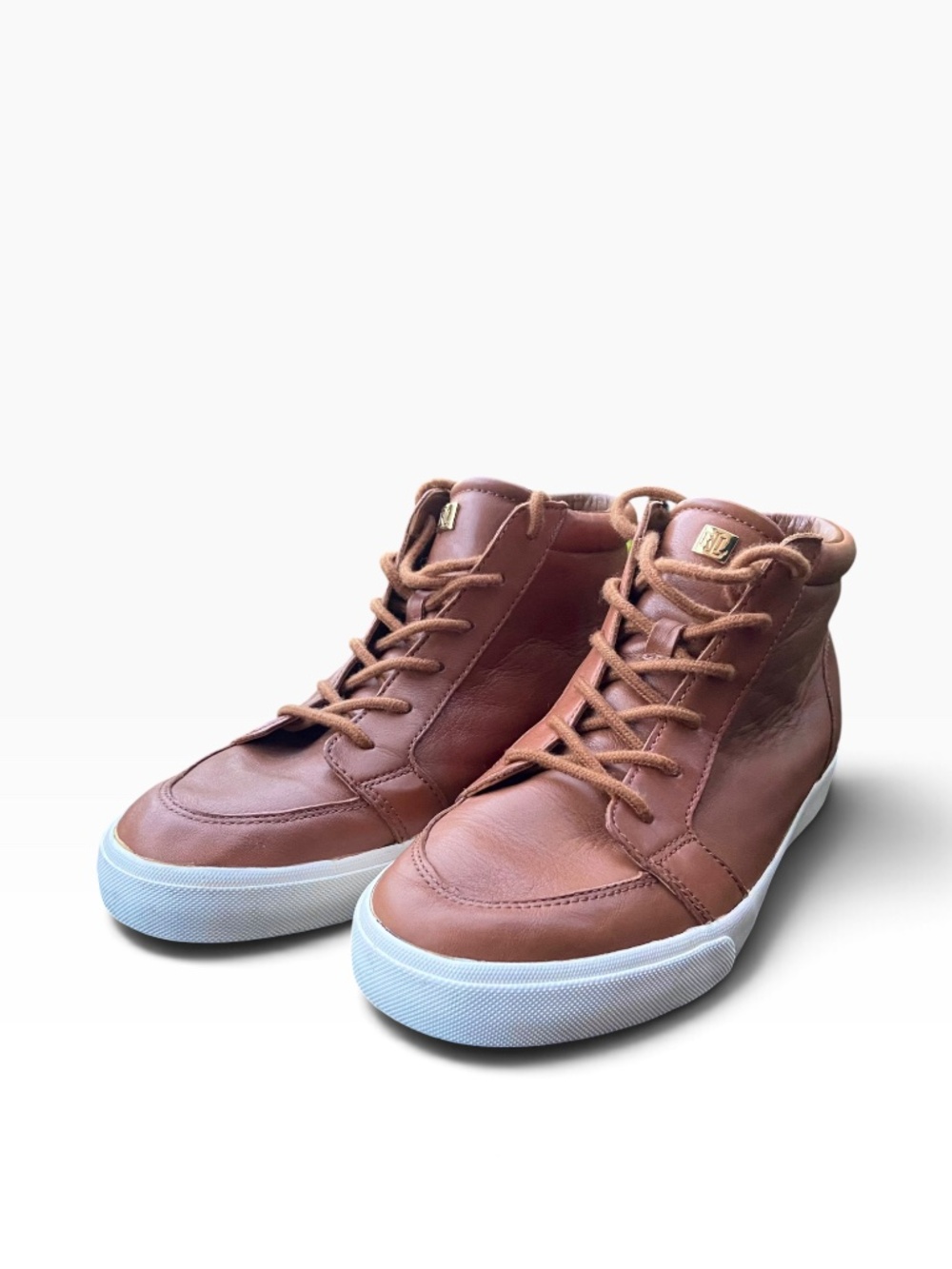 Women's 100% leather upper Ralph Lauren Rowling High Top Sneakers Size 8B Brown